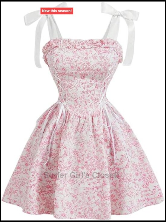 Dresses & Skirts - Floral Tie Shoulder Cami Dress Lace Up Side Flared Mini Dress
